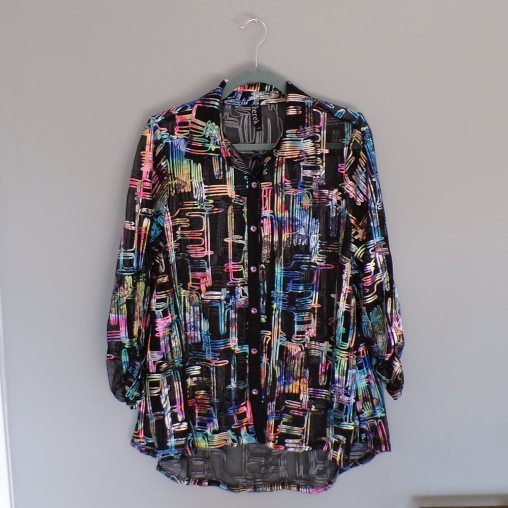 berek - Maximalist Black & Rainbow Multicolor Top- Size Large- Asymmetical